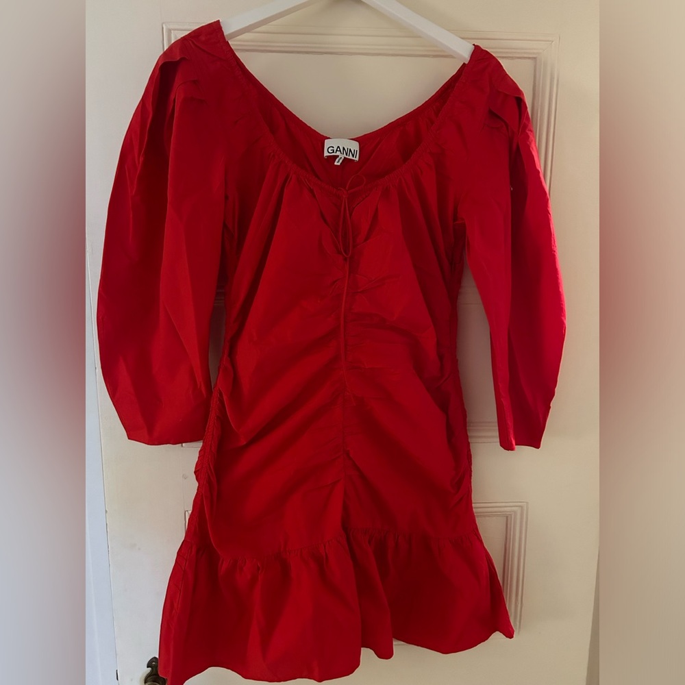 Ganni Red Gathered Poplin Mini Dress